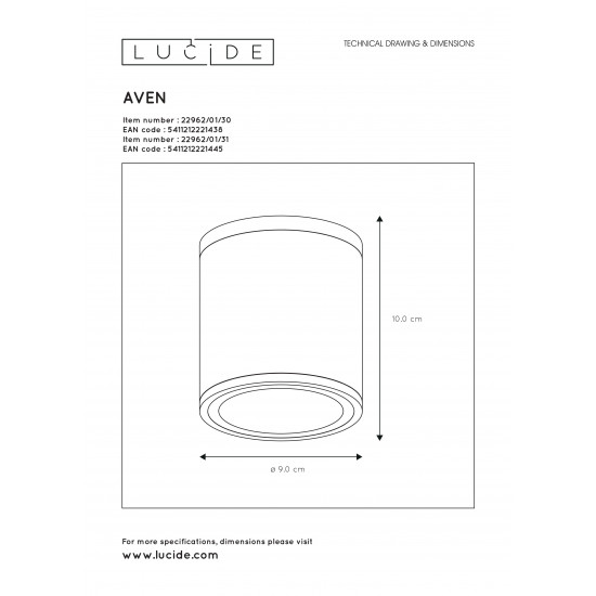 Lucide AVEN 22962/01/31 Προβολέας οροφής Στρογγυλός Gu10 / 50W IP 65 Λευκός