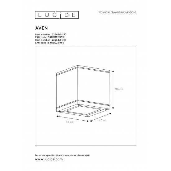 Lucide AVEN 22963/01/31Προβολέας οροφής Square Gu10 / 50W IP-65 Λευκός