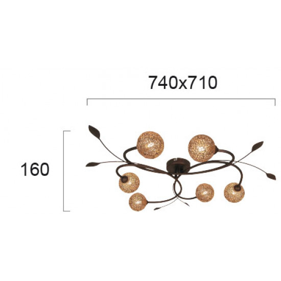 Viokef SISSY 4192900 Φωτιστικό Μεταλλικό Οροφής 6/φωτο με πλέγμα σε χρυσό ματ. Ανάρτηση πατίνα καφέ.