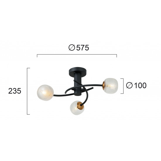 Viokef IFIGENIA 4239400 Φωτιστικό 3/Φ Οροφής με ανάγλυφο γυαλί σε διαφανές. Ανάρτηση μαύρη με χρυσό.