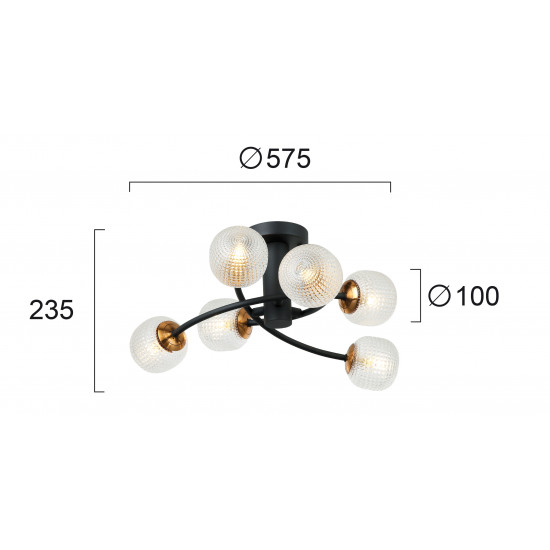 Viokef IFIGENIA 4239500 Φωτιστικό 6/Φ Οροφής με ανάγλυφο γυαλί σε διαφανές. Ανάρτηση μαύρη με χρυσό.